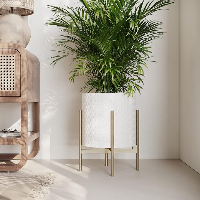 EverNest Claire Mid-Century Modern White Planter and Stand, Indoor Plant Pot, SelectBase, Minimalist Aesthetic, Home Decor for Plants - (Gold Base, Small)