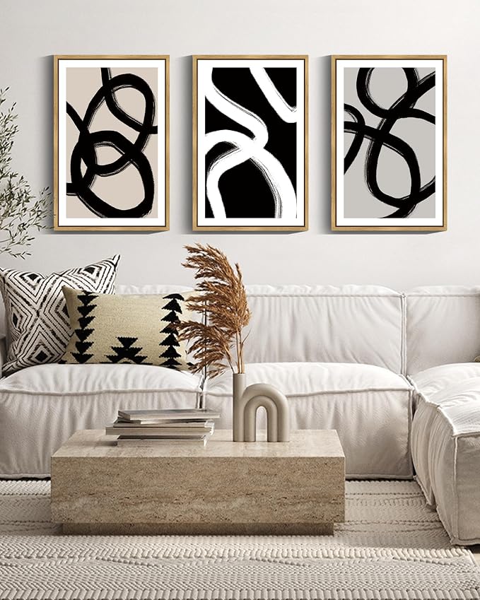 Drsoum Lager 16x24in Black Abstract Framed Wall Art Decor Duotone Minimal Dark Brush Stroke Prints Shapes Illustrations Modern Art Decorative Ready To Hang - Natural Framed