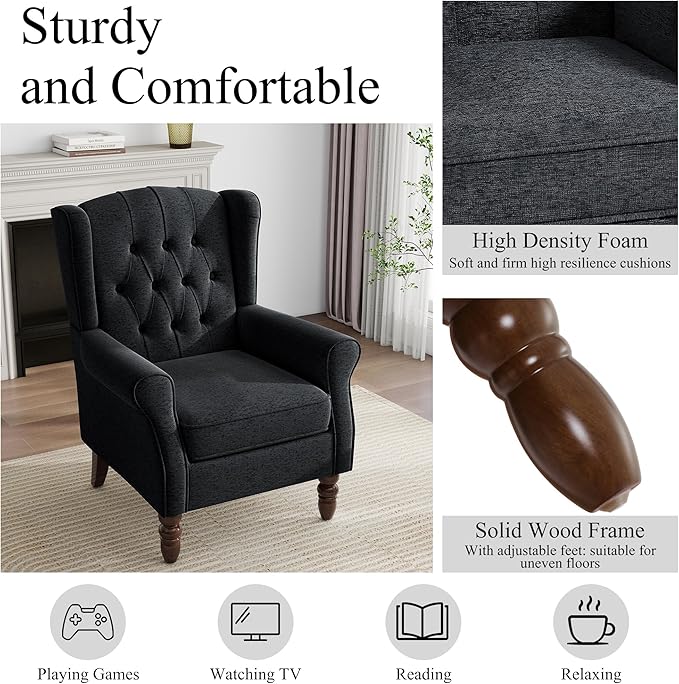 Mid-Century Modern Wingback Chair - Plush Upholstered Accent Armchair with Solid Oak Legs, Ergonomic High Back Lounge Chair for Living Room, Bedroom Office - Retro Reading Chair Bluish Black