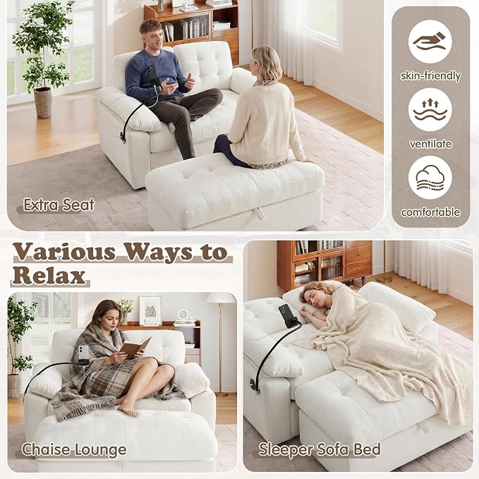 Oversized Chaise Lounge Chair Indoor with Ottoman&Adjustable Backrest,Chenille Tufted Recliner Comfy Loveseat Sofa Chair with USB&Phone Holder,Convertible Sleeper Couch Bed for Living Room(56"W,Beige)