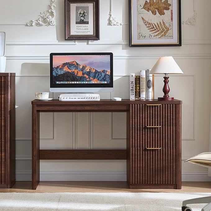 LEYAOYAO Office Desk 48" with 3 Drawers Storage File Cabinet Wood Fluted Desk for Computer Office Bedroom Home Furniture Walnut