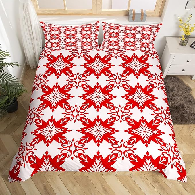 Red Geometric Floral Duvet Cover Twin for Kids Boys Girls,Classical Damask Flower Comforter Cover,Retro Vintage Art Bedding Set,Mid Century Aesthetic Bed Set with 1 Pillowcase Bedroom Decor
