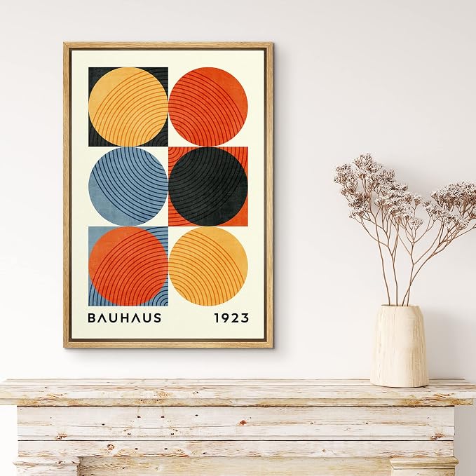 MUDECOR Framed Canvas Print Wall Art Colorful Geometric Circle Bauhaus Collage Abstract Shapes Illustrations Fine Art Mid-Century Modern Multicolor for Living Room, Bedroom, Office - 24"x36" Natural