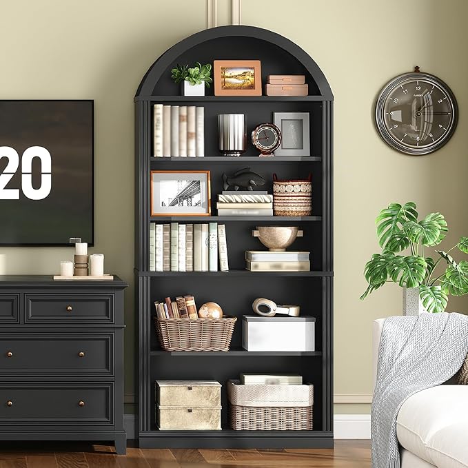 RALGEND Arched Bookshelf, 75.8" Tall Arch Bookcase with Storage, 6-Tier Farmhouse Book Shelf, Arched Cabinet, Wooden Bookshelf with Open Display Shelves, Adjustable Shelf, Office, Black