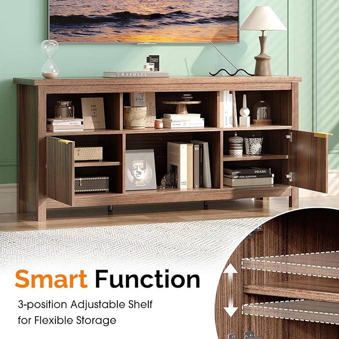 VINGLI 58" Fluted TV Stand for TVs up to 70", Modern TV Stand with Storage & Adjustable Shelves, Elegant Media Console Entertainment Center for Living Room & Bedroom, Walnut