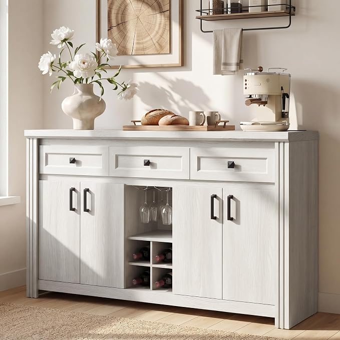 Buffet Sideboard with Storage, 55" Large Kitchen Storage Cabinet with 4 Doors, Wine Rack & Glass Holder, Farmhouse Wood Coffee Bar Buffet Table with Shelves for Kitchen, Dining Room, White