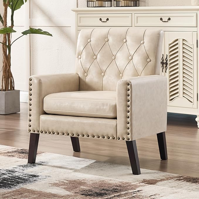 Mid Century Modern Accent Chair, Ivory Faux Leather Office Chair for Reception - Tufted Leather Club Chair for Living Room, Bedroom, or Waiting Room