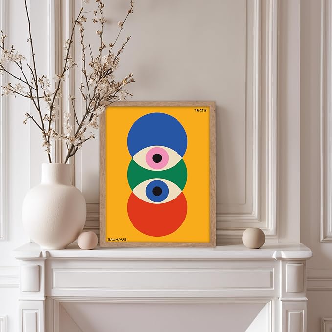 Poster Master Bauhaus Poster - Abstract Eyes Print - Graphic Design Art - Eye Art - Geometric Art - Chic Boho Art - Mid Century Modern Art - Living Room or Bedroom Wall Decor - 11x14 Beige Framed