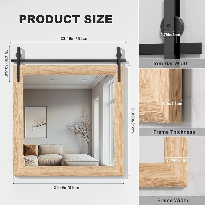 Hasipu Farmhouse Bathroom Mirror, 31"x31" Rustic Wood Framed Wall Mounted Mirror, Brown Vintage Vanity Mirror Barn Door Style Decrative Mirrors