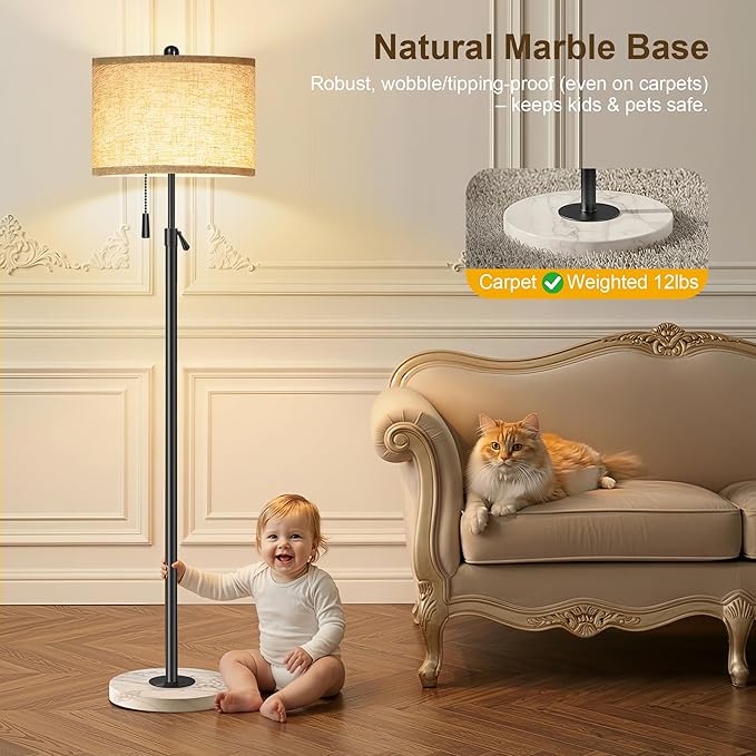 Floor Lamp for Living Room - Adjustable Height Standing Lamp with Marble Base & Linen Shade - Tall Pole Floor Light with 3 Color Temperatures Bulb for Bedroom, Reading - Easy Assembly