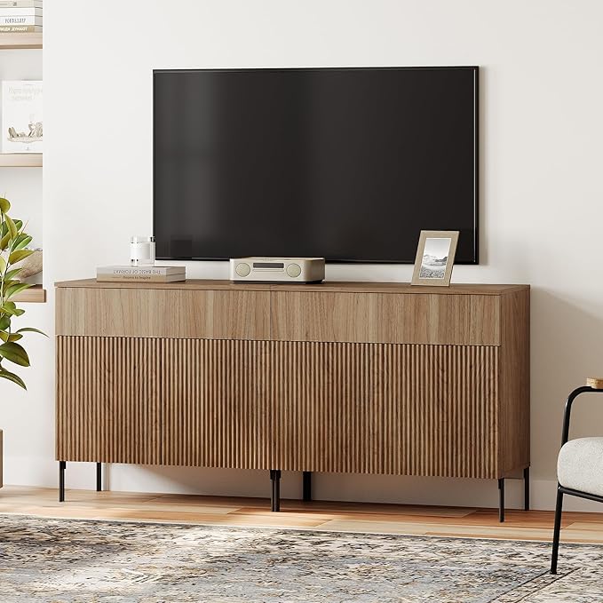 WAMPAT 63" W Large Sideboard Buffet Cabinet with Storage, 2 in 1 Fluted Sideboard Buffet with 4 Doors, Wooden Buffet Table, Coffee Bar Wine Bar Cabinet for Dining Room, Living Room, Light Walnut