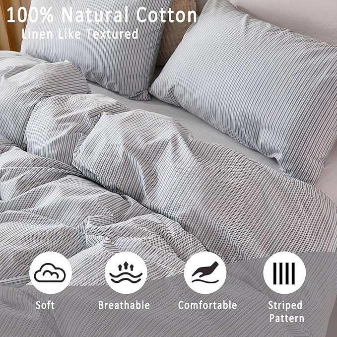 Merryword Striped Duvet Cover Set Queen Size - 100% Cotton Duvet Cover Set with Zipper Closure & 8 Corner Ties, Blue Pinstripe Bedding Set 3 Pieces, Soft Linen Like Bedding Set for All Seasons