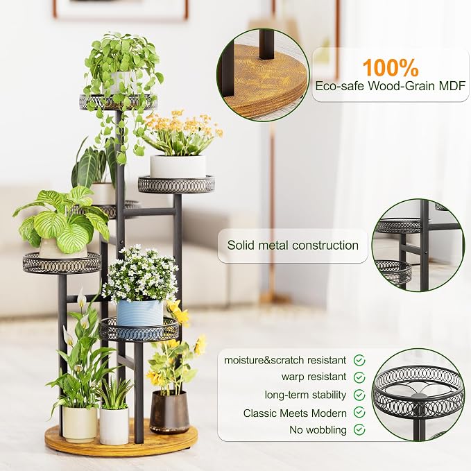 Black Stand Plants, 5-Tier Metal Plant Stands for Outdoor Indoor Plants,Heavy Duty Flower Pot Stands for Multiple Plants,Decoration Display Racks for Patio Garden -BlackFlower