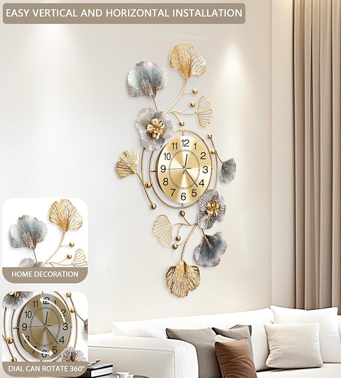 Clocks for Living Room, Large Wall Clock, 3D Silent Wall Clock, Retro Metal Ginkgo Leaf Design, for Bedroom Kitchen Decorative Wall Clocks（47''x23'' ）