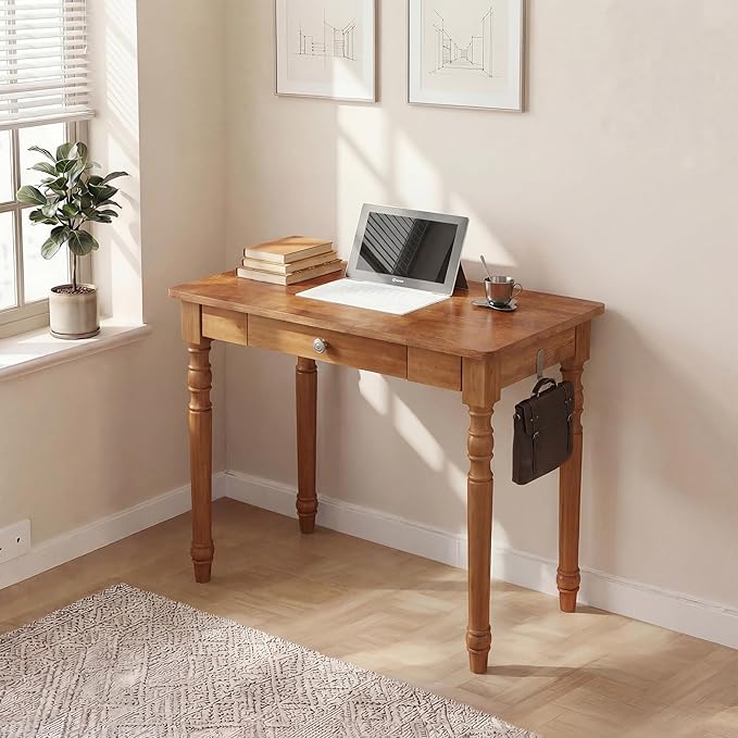 100% Solid Wood Desk with Drawers, 31 x 16 Inch Narrow Mid Century Modern Desk, Vintage Small Wooden Writing Table for Small Spaces Bedroom, Living Room, Office