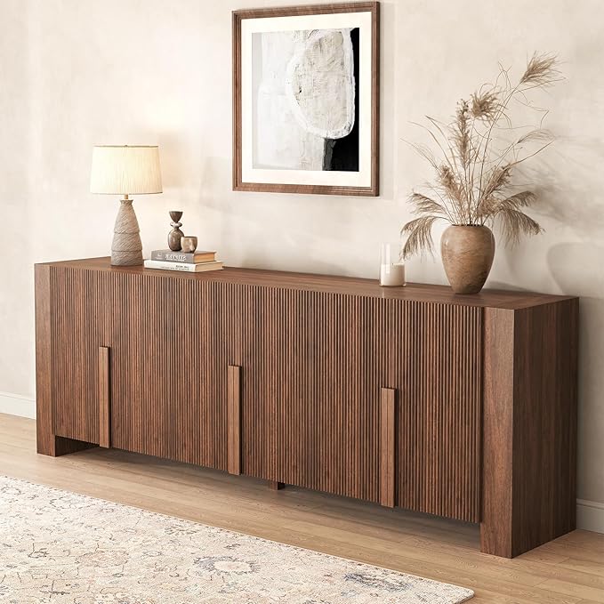 Fluted Sideboard Buffet Cabinet with Storage Cabintes, Farmhouse Storage Credenza Cabinet with Shelves, 78.75" Large Coffee Bar TV Stand for Living Room Kitchen Dining, Walnut
