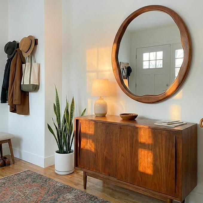 Round Walnut Mirror 24 Inch, Asymmetrical Wavy Inner Edge Wall Mirror for Bathroom Vanity, Bedroom, Solid Wood Irregular Retro Decor