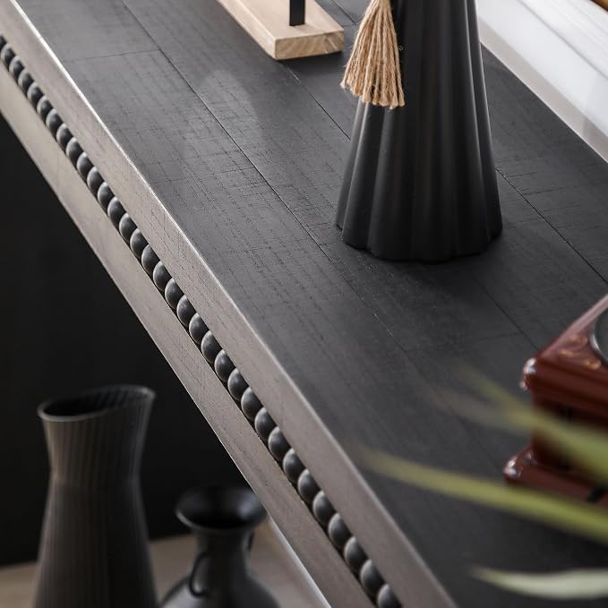 Wood Console Table, 64" Retro Long Sofa Table Behind Couch with Real Wood Beads Decor, Wooden Narrow Sofa Table Hall Table for Living Room Foyer Entrance Entryway, Black