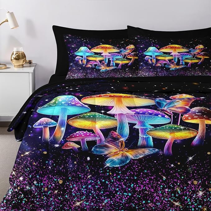 Nesker 5 Pcs Comforter Set Twin Size, Colorful Mushroom Dream Bedding Set for Kids and Adults, Hippie Plant Bed Sheet Sets with Fitted Sheet Pillowcase & Sham