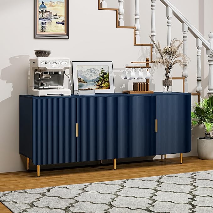 65" Fluted Sideboard Buffet Cabinet with Storage, Console Cabinet with 4 Doors & Adjustable Shelves, Modern Buffet Table for Kitchen Dining Living Room Hallway‌ Entryway, Blue