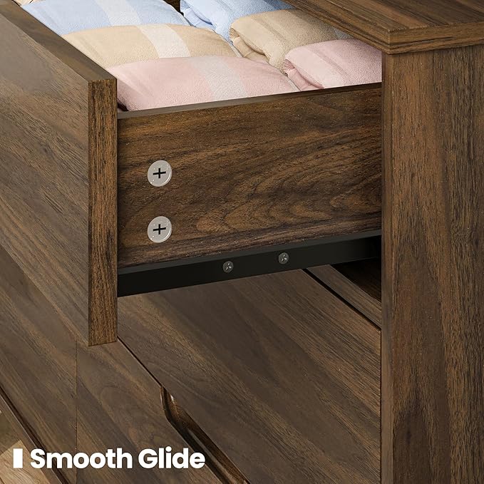 47" Wide Wooden Dresser for Bedroom, Mid-Century Modern 6 Drawer Double Dresser with Natural Wood Grain, Large Horizontal Storage Chest for Living Room, Anti-Tip Kit, Dark Walnut