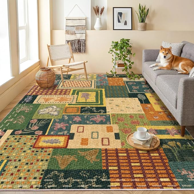 Flowers Patchwork Area Rugs for Living Room,Washable 5x7 Vintage Cottagecore Botanical Rug, Green Boho Carpet, Non-Slip Low Pile Rug for Bedroom Dining Room Office Home Hardwood Floor