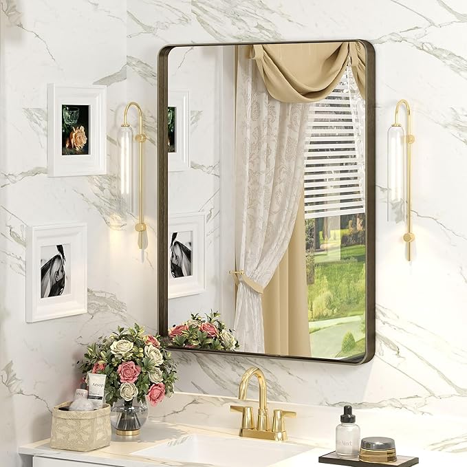 22x30 Bronze Bathroom Wall Mirror, Brushed Metal Framed Vanity Mirror for Wall, Rounded Rectangle Mirror for Modern Farmhouse Wall, Anti-Rust (Horizontal/Vertical)