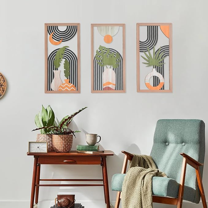 Boho Wall Art Set of 3, Modern Minimalist Leaf Wall Decor, Abstract Geometric Wooden Artwork for Living Room Bedroom Office, Mid Century Modern Decor (Contemporary Style - 11.8 x 5.9 inch)