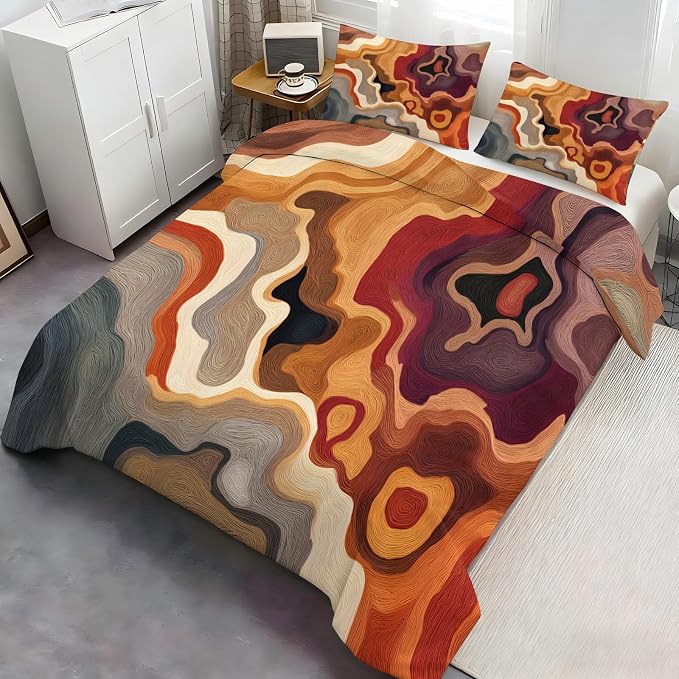 Fall Abstract Duvet Cover Full Size, Abstract Bedding Set 3 Piece, Grey Brown Patterned Comforter Cover with Zipper Soft Microfiber, 2 Pillowcases