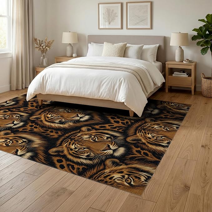 6'x9' Washable Graphic Tiger Print Area Rug, Orange Non-Shedding Pet Friendly Room Rug for Queen Size Bedroom, Under Bed, Master Suite, Foldable Easy Care Carpet | Ref:2229845