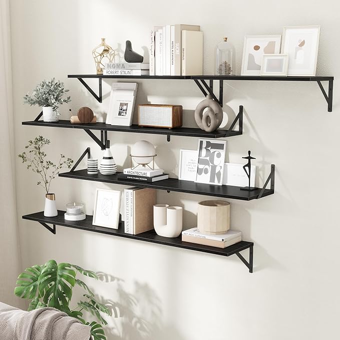 55" Long Wall Mounted Floating Shelves,8 inch Deep Floating Shelf with Metal Brackets Set of 2,Easy-to-Install Wall Decor Storage Ledges for Living Room,Bathroom,Bedroom,Kitchen,Office,Black