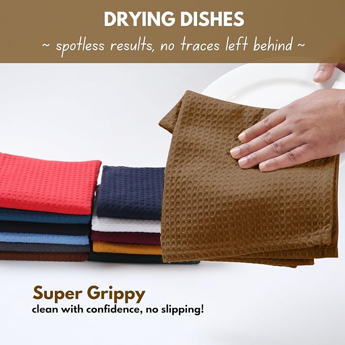 Native Fab 18 Pack Waffle Dish Cloths - 12x12 inch, 100% Cotton, Absorbent, Quick Drying, Washable & Reusable Towels for Cleaning, Cooking, Baking - Ideal for Home, Restaurants, Hotels, Cafes - Brown