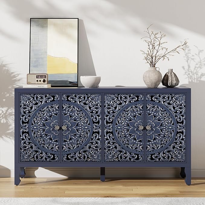 Buffet Cabinet with Storage, Accent Cabinet with 4 Carved Doors, Solid Wood Sideboard with Adjustable Shelf, Vintage Cabinets for Kitchen, Living Room, Entryway, Blue