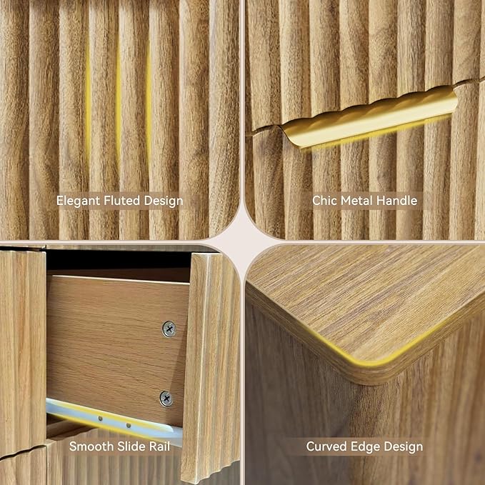 CARPETNAL Fluted 7 Drawer Dresser for Bedroom, 55" Wide Wooden Chest of Drawers with Rounded Corners, Gold Handles, Modern Storage Organizer for Bedroom, Hallway(Oak)