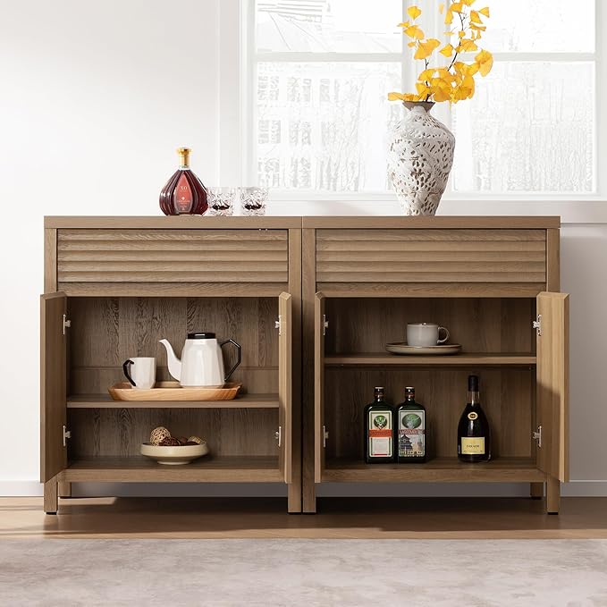 SICOTAS Fluted Buffet Cabinet with Storage - 29" Large Sideboard Modern Storage Cabinet Accent Coffee Bar Console Table with Drawers & Adjustable Shelves for Kitchen Living Room Entryway, Caramel Oak