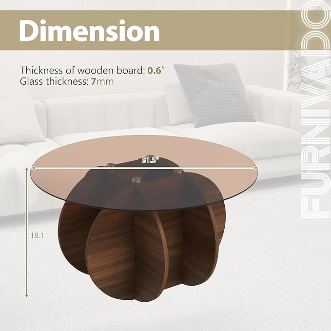 Glass Coffee Table, Round Coffee Table with Petal-Inspired Base, Modern Minimalist Coffee Table for Decoration, Brown Coffee Tables for Living Room, Study Room, Office