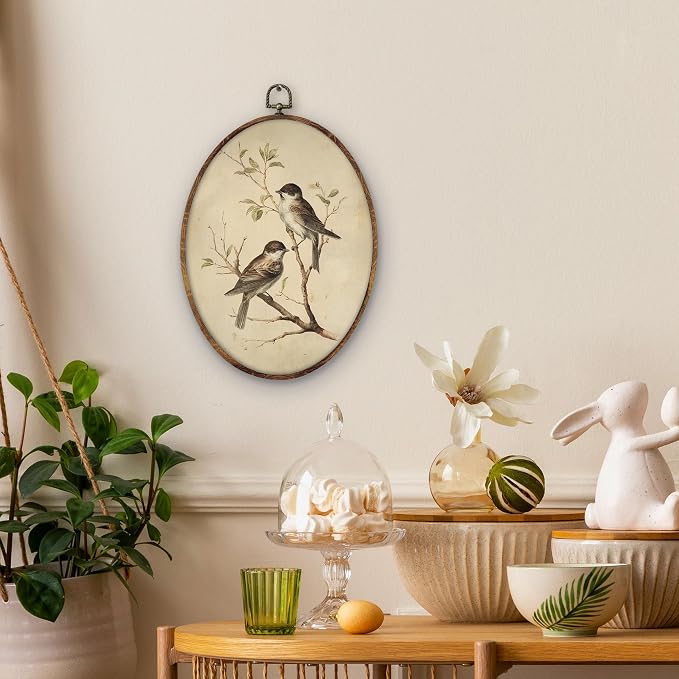 DILSJ Vintage Sparrow Bird Oval Wall Art Decor, Cottagecore Botanical Farmhouse Canvas Wall Art Framed, Rustic Bird Hanging Decorations for Home Bedroom Living Room Farmhouse, 8.5x11 Inch