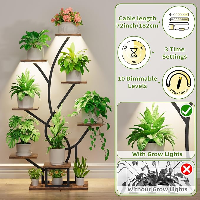 EVAWOO Plant Stand Indoor with Grow Lights - 8 Tiered Corner Plant Shelf Indoor, 50" Tall Lighted Plant Stand for Indoor Multiple Plants, Flower Stands Display Rack Holder for House, Patio, Black