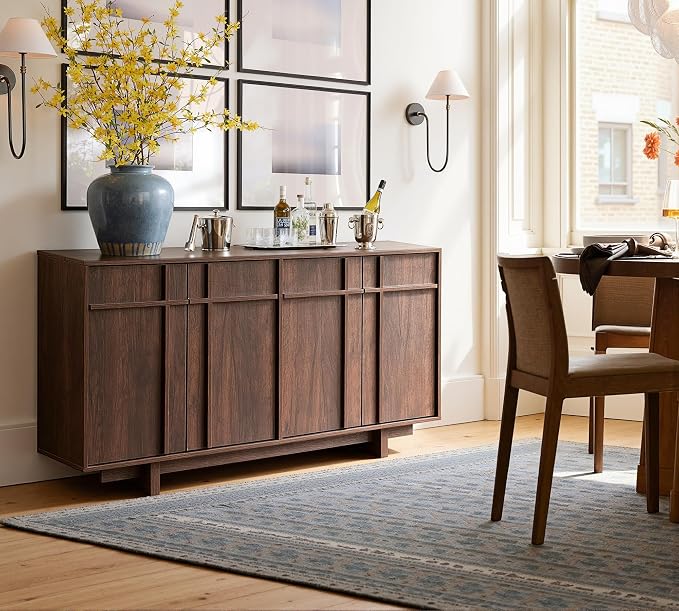 Sideboard Buffet Cabinet with Storage, Mid Century Modern Accent Cabinet with Skeleton Line & Wood Grain Texture,Minimalist Geometric Credenza for Living Room, Kitchen and Entryway, Walnut