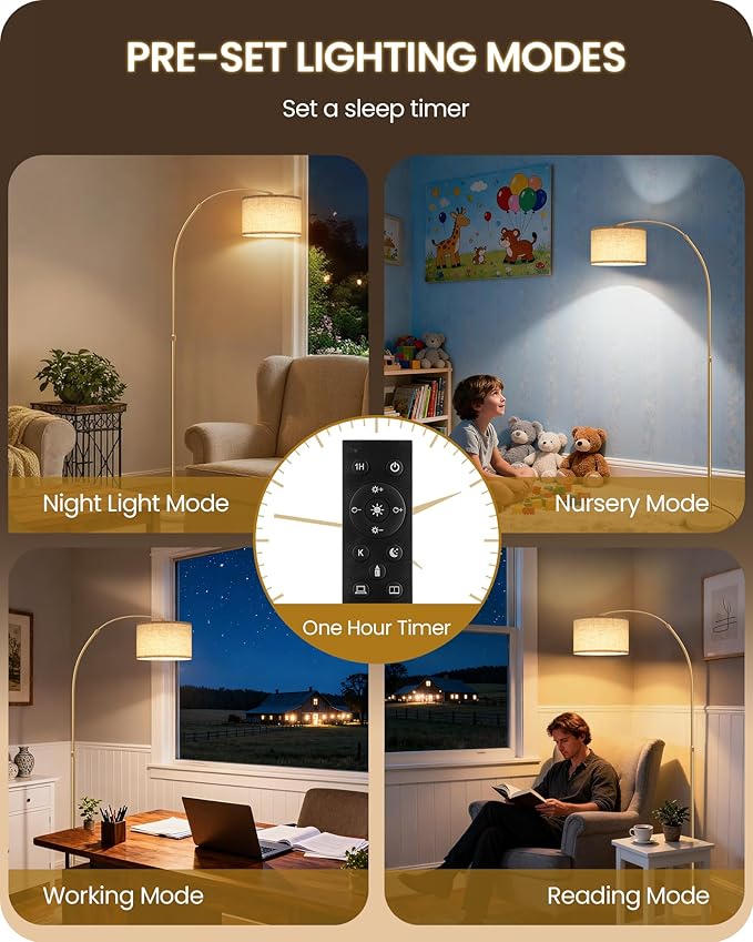 75" Arc Floor Lamp with Marble Base and Adjustable Height, Rotating Hanging Shade, Dimmable Gold Floor Lamp for Living Room with Remote and Foot Switch, 3 Color Temperatures, Timer, DE15LD05