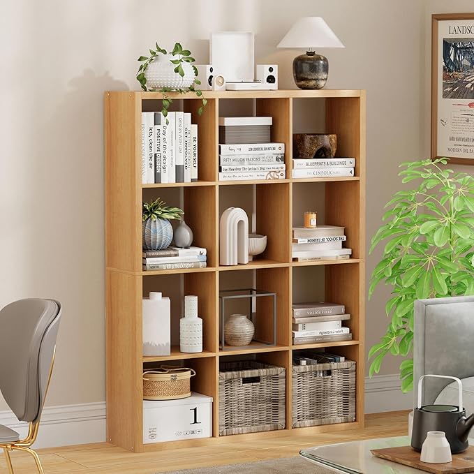 12 Cube Storage Organizer, Wooden Cube Shelf Bookcase with Reinforced Thick Shelves, Heavy-Duty 36.93" L x 9.37" W x 48.82" H, for Living Room Bedroom Home Office, Natural-Oak