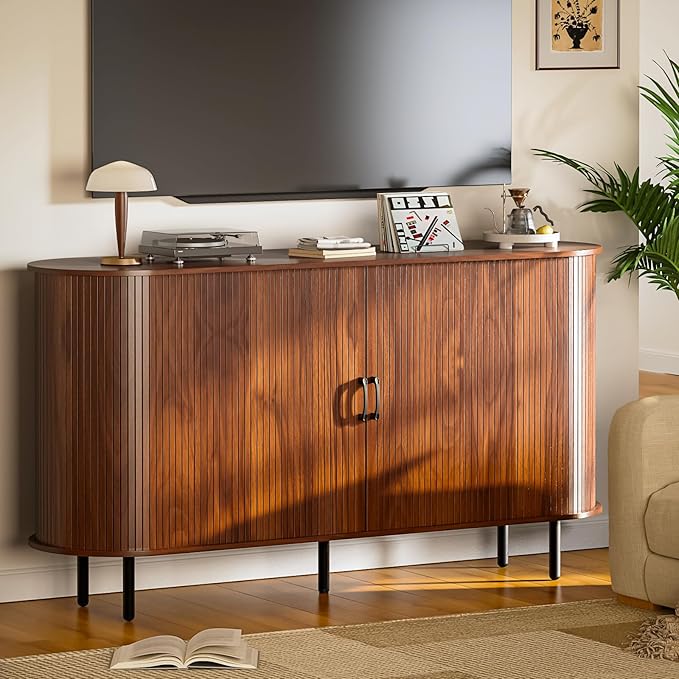 PUKAMI 55" Wood Buffet Sideboard Cabinet with Storage, Mid-Century Modern Coffee Bar Cabinet with Sliding Doors & Shelves, Accent Credenza Console Table for Kitchen, Dining Room, Entryway