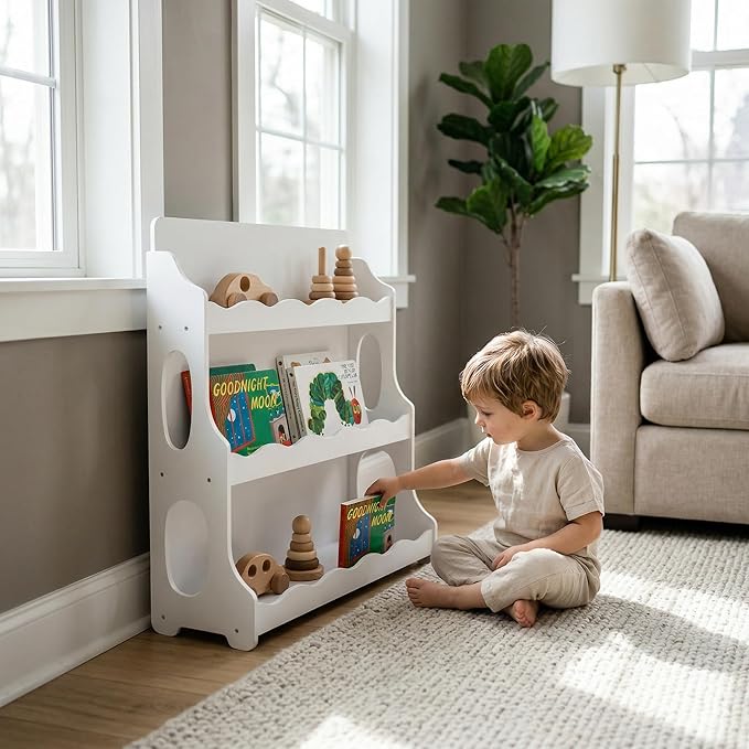 Kids Bookshelf Wooden Montessori Book Shelf Dutch Design 3Tier Scalloped,SnowfallWhite