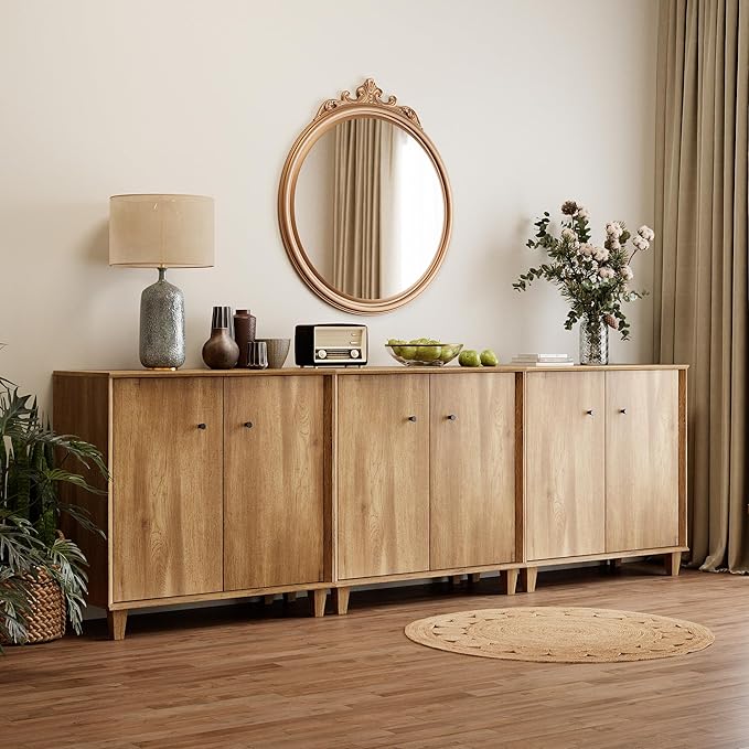 Sideboards Buffet Cabinet 3 in 1 Wide Credenza Buffet Table with Adjustable Shelf, Modern Kitchen Accent Cabinet with Storage Compartments for Dining Room Living Room, Hallway, Oak Brown