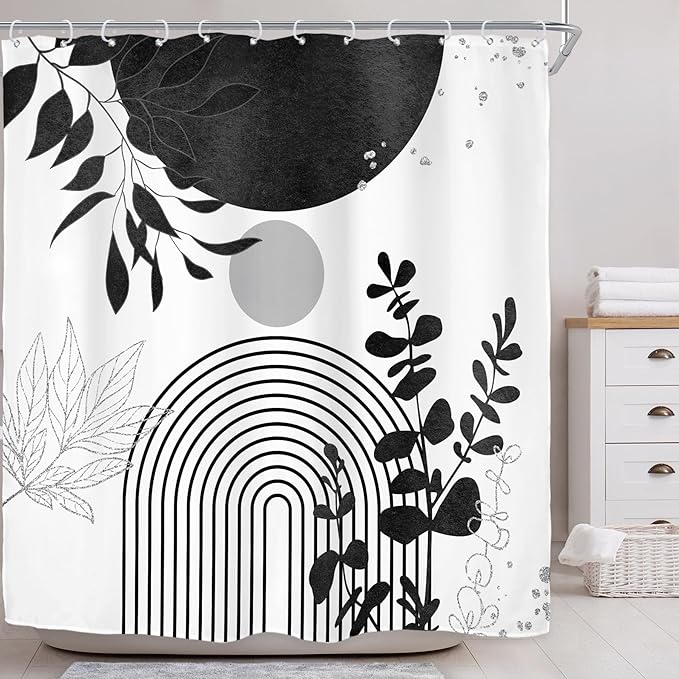 Riyidecor Black White Silver Boho Modern Shower Curtain for Bathroom Decor 72Wx72H Mid Century Bohemian Eucalyptus Leaves Abstract Arch Art Printed Fabric Polyester Waterproof 12 Pack Plastic Hooks