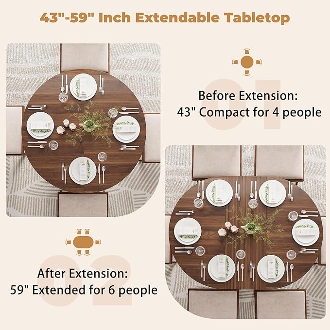 59-Inch Extendable Round Dining Table for Dining Room, 4-6 People Farmhouse Oval Wood Expandable Kitchen Dinner Table with Heavy Cross Pedestal for Living Room, Apartment, Dark Brown Walnut