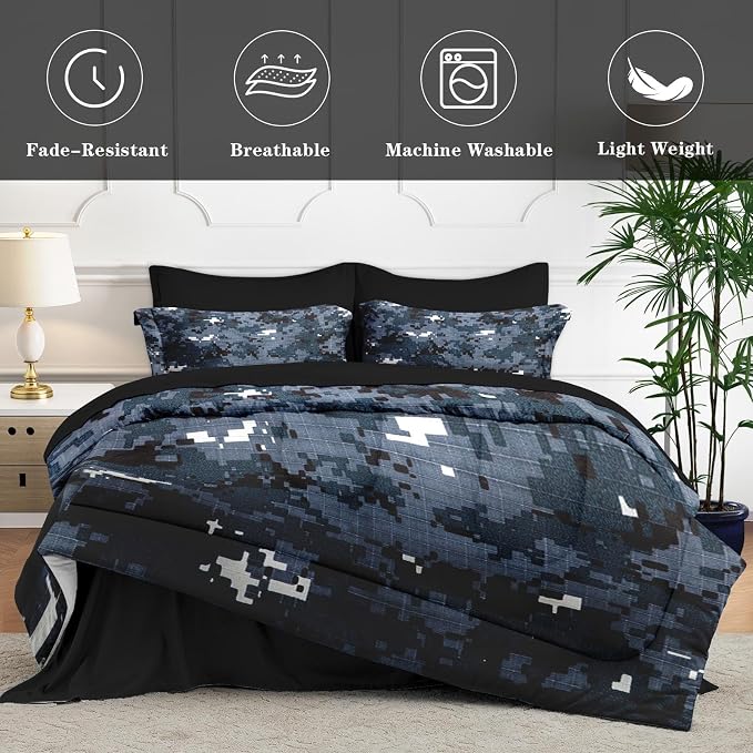 7Pcs Comforter Set King Size, Digital Navy Blue Camouflage Camo, Bedding Decor Army Military Brown Gray Seal Us Bedroom Bed Set Flat Sheet Fitted Sheet Pillowcases Shams for Kids Adults