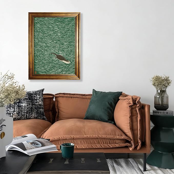 Gold Framed Japanese Otter Swimming Poster Funny Nature Wild Animal Pictures Retro Minimal Green Water Canvas Wall Art for Living Room Bedroom Bathroom 16x20 inch