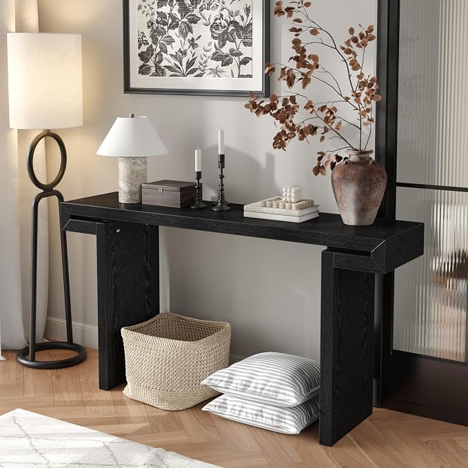 Wood Console Table, 60" Retro Long Sofa Table Behind Couch with Real Wood Veneered, Farmhouse Wooden Narrow Sofa Table Hall Table for Living Room Foyer Entrance Entryway, Black