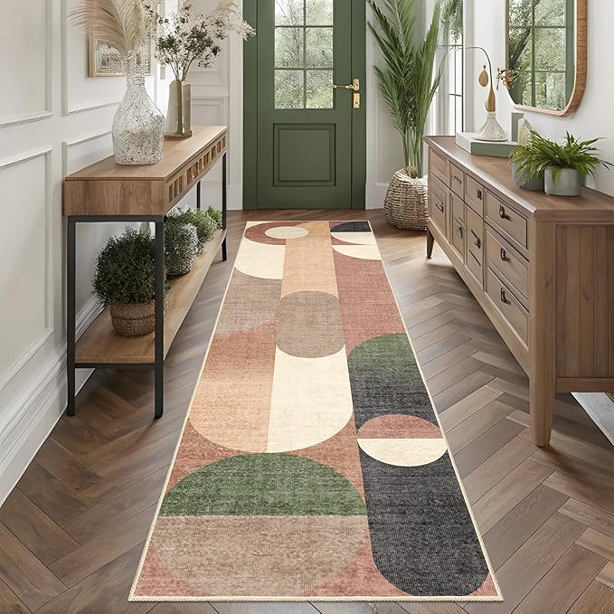 Modern Runner Rug 2x8 Washable Rug Runners for Hallway Kitchen,Long Rugs for Bedroom Entryway Bathroom,Non Slip Retro Orange Geometric Floor Carpet